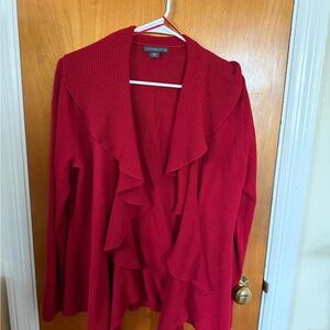 Covington Red Ruffle-Front Cardigan Sweater